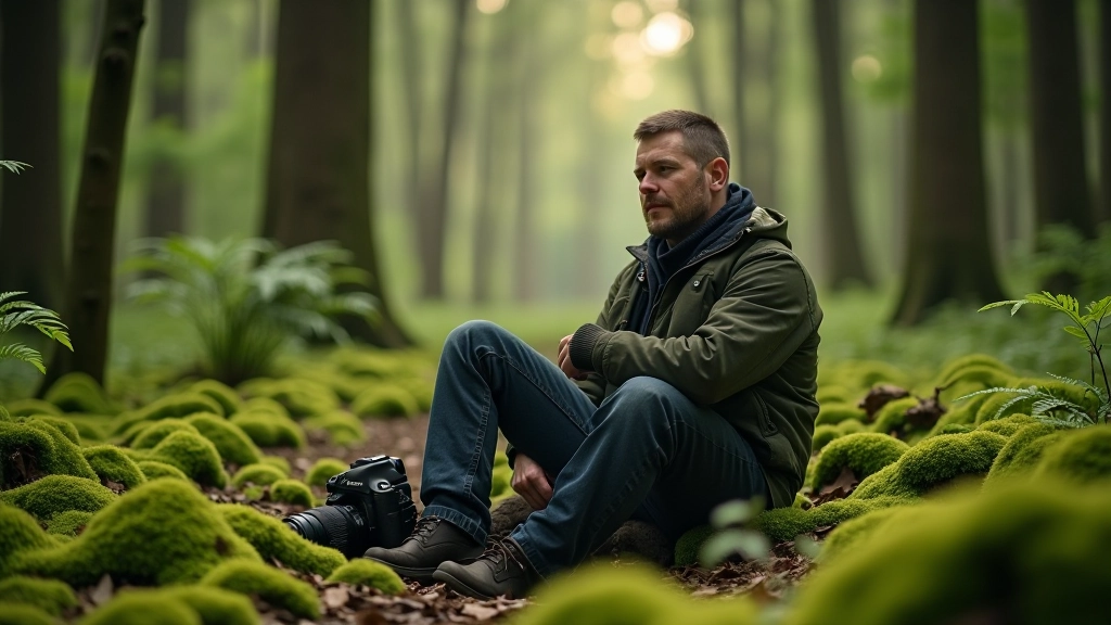 Mežā sēdošs cilvēks ar fotogrāfiju kameru, vērojot meža skaņas