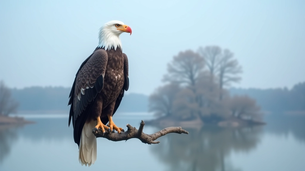 Balts ērglis ar sarkanu knābli, kas sēž uz balta koka nozaļā un vēro ūdeni